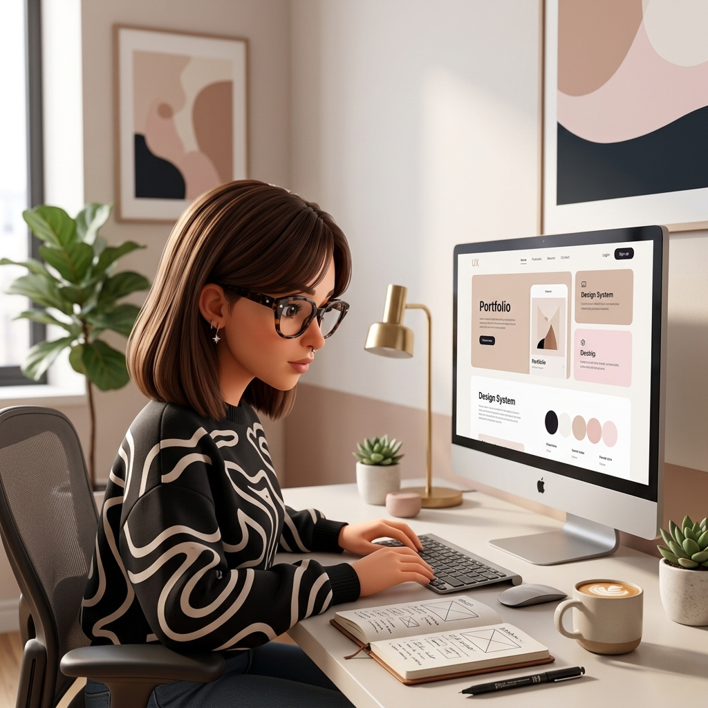 Amandine à son bureau avec ses outils de design